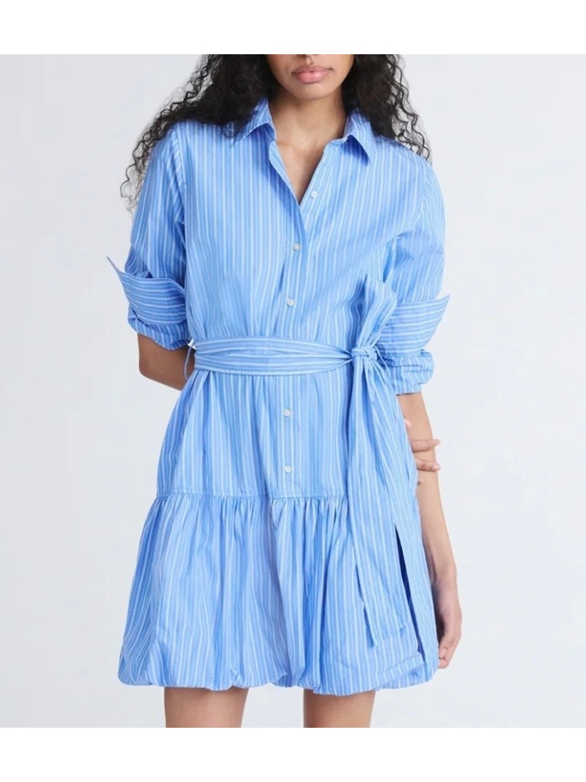 Free Assembly Bubble Hem Cotton Mini Dress Long Sleeve Blue Striped Size Xs Nwt
